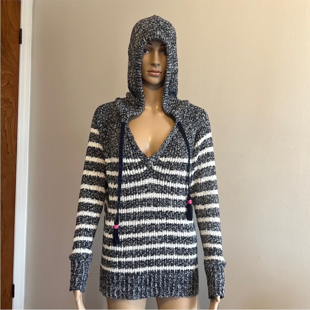 WHITE+WARREN Hooded Blue White Striped Tassel Long Sleeve Knit Sweater Size S